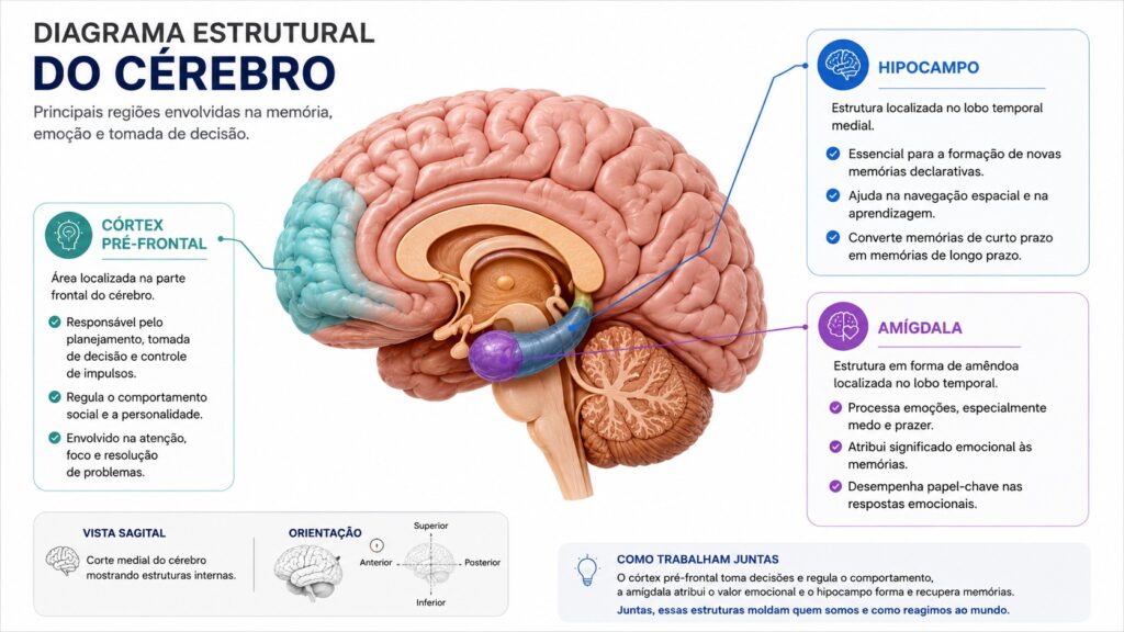 As três áreas do cérebro que trabalham em conjunto na formação de novos hábitos: hipocampo, amígdala e córtex pré-frontal.