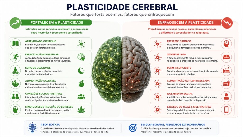 Fatores que potencializam a neuroplasticidade, como sono e atividade física, contrastados com fatores que a dificultam, como isolamento e estresse crônico.