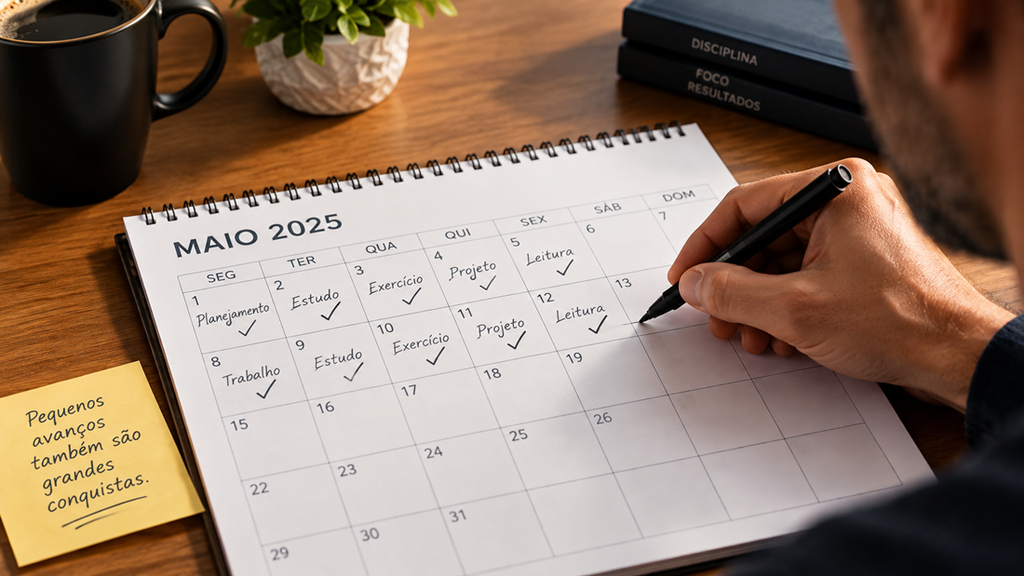Pessoa marcando o progresso de seus hábitos em um calendário.