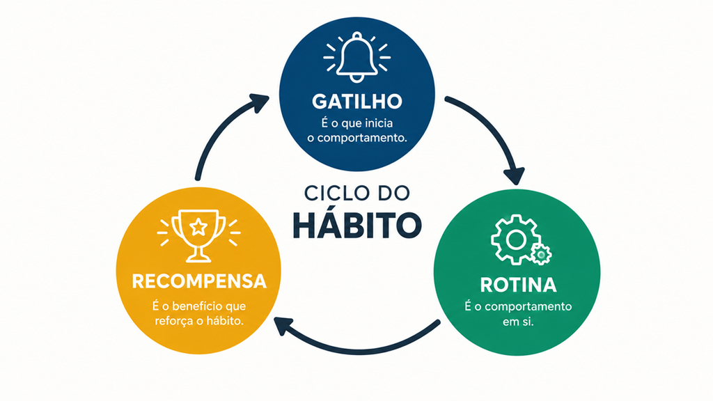 Diagrama com gatilho, rotina e recompensa representando o ciclo do hábito.